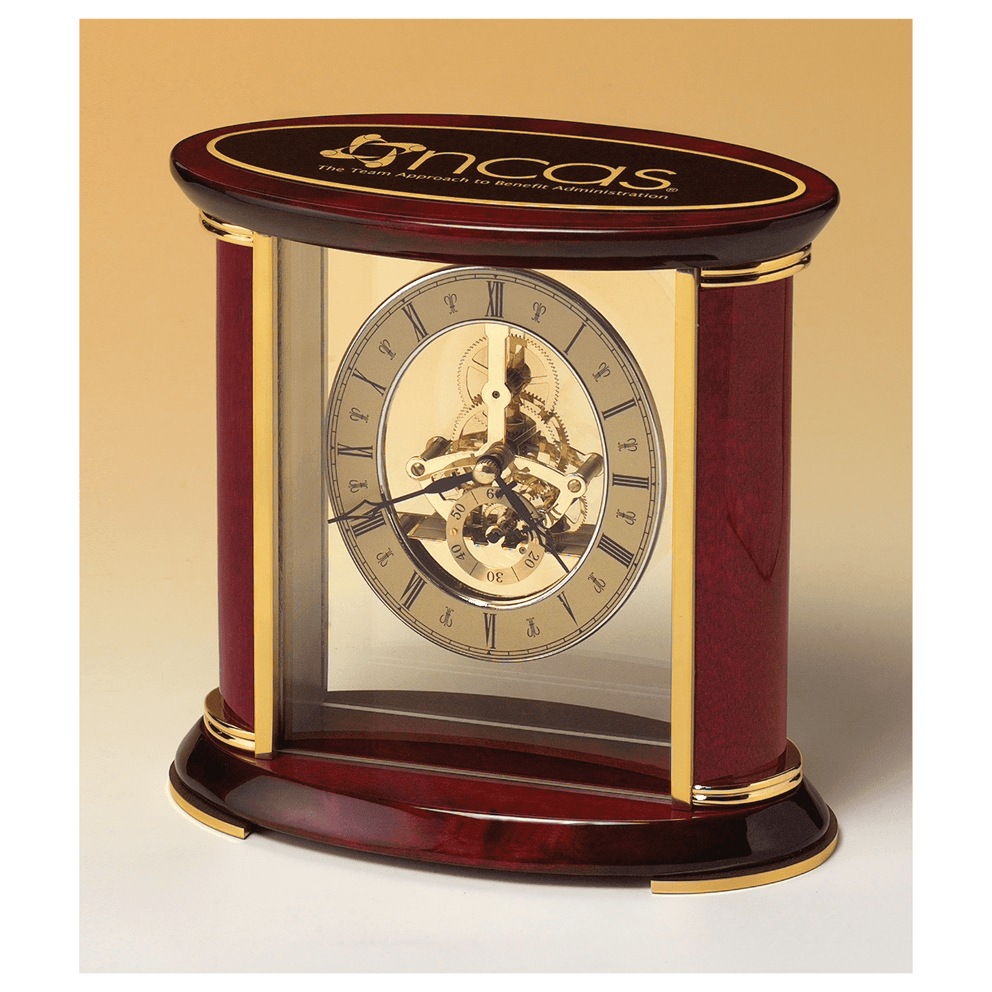 7" x 9" Skeleton Clock w/Sub-Second Dial, Brass Finish Movement, Rosewood Piano Accents, Plate