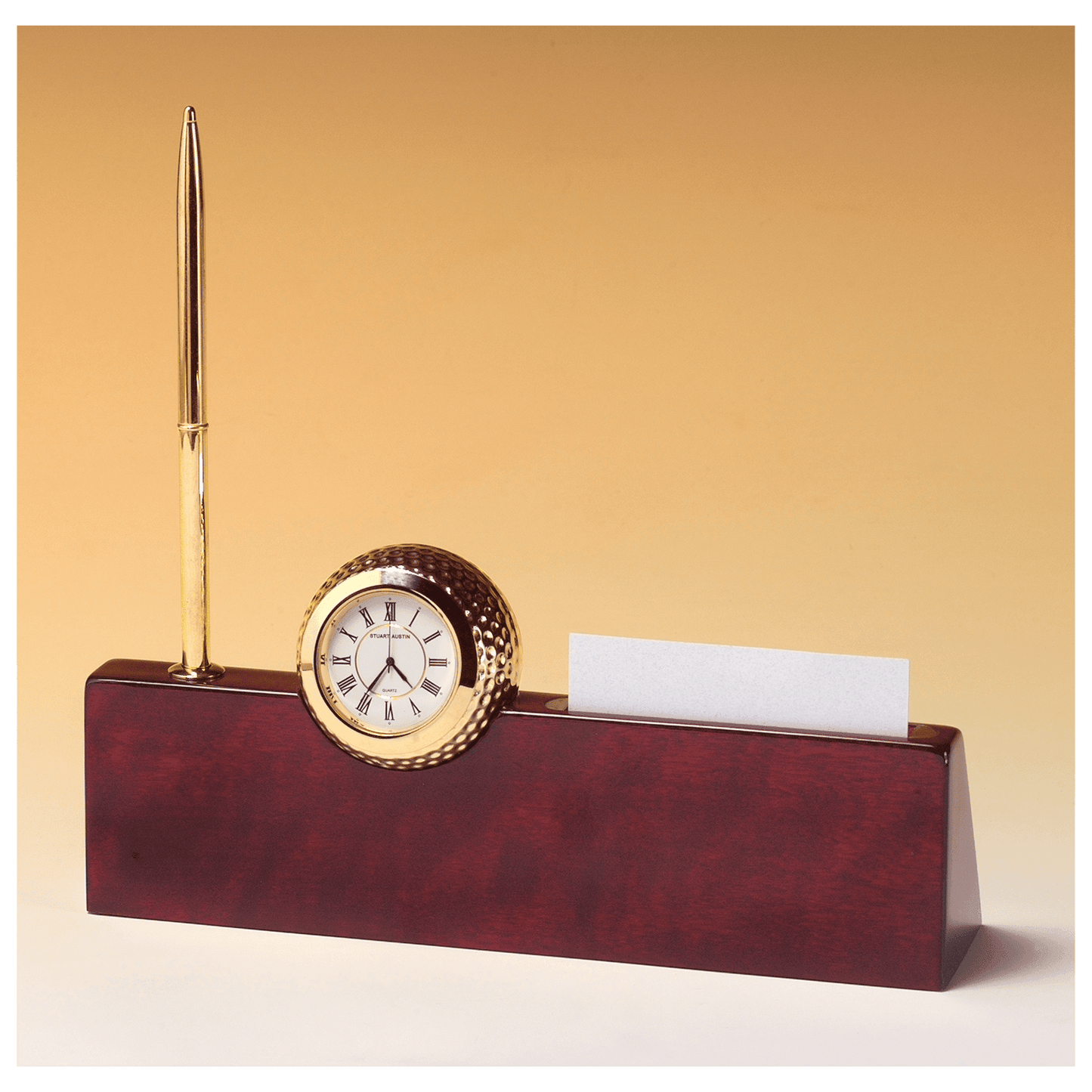 9" x 9" x 2 1/4" Gold Metal Golfball Clock on Rosewood Piano Nameplate, Business Card Holder, Pen