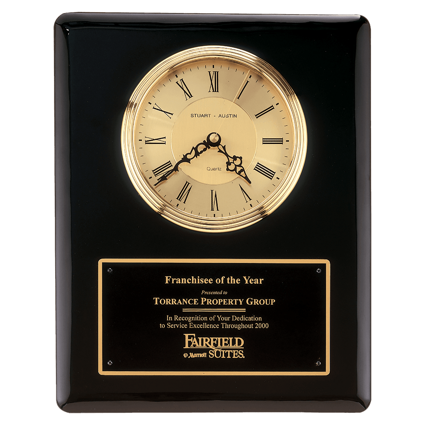 Black Piano Finish Clock, Waterfall Bezel with Glass Lens, Gold 10 1/2" x 13" Dial, Plate