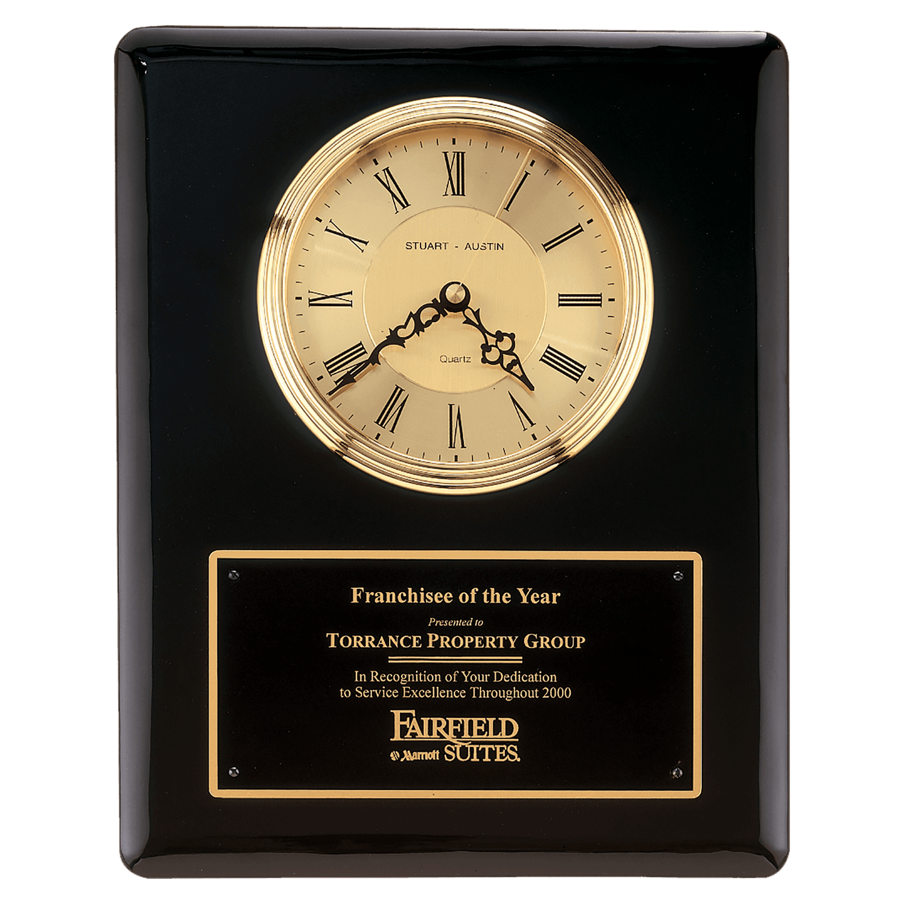 Black Piano Finish Clock, Waterfall Bezel with Glass Lens, Gold 10 1/2" x 13" Dial, Plate