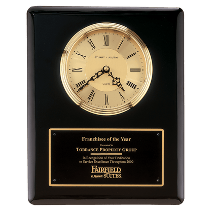 Black Piano Finish Clock, Waterfall Bezel with Glass Lens, Gold 10 1/2" x 13" Dial, Plate