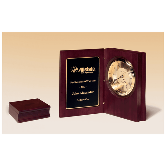 9" x 6 3/4" Hand Rubbed Mahogany Finish Book Clock, Diamond Spun Dial, 3 Hand Movement, Black Laserable Plate
