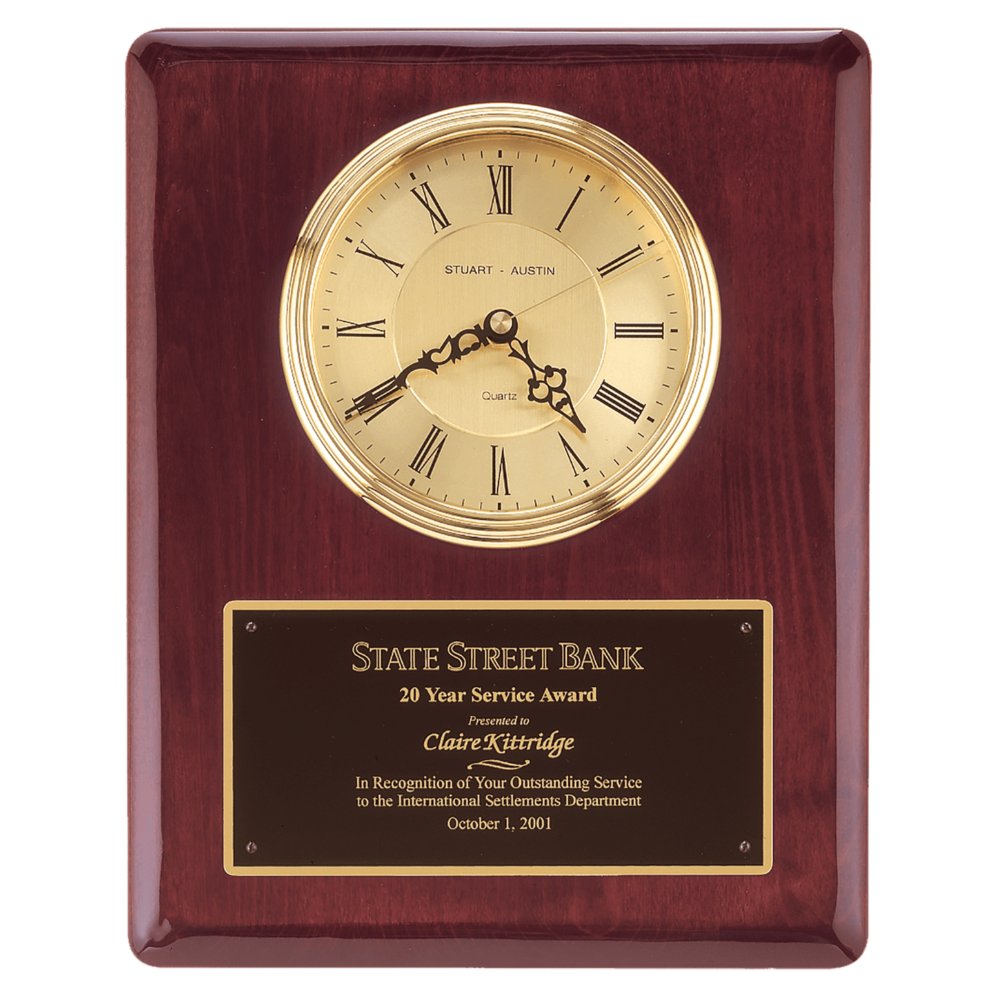 Rosewood Piano Finish Clock, Waterfall Bezel with Glass Lens,Gold 10 1/2" x 13" Dial, Plate