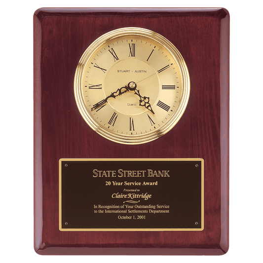 Rosewood Piano Finish Clock, Waterfall Bezel with Glass Lens,Gold 10 1/2" x 13" Dial, Plate