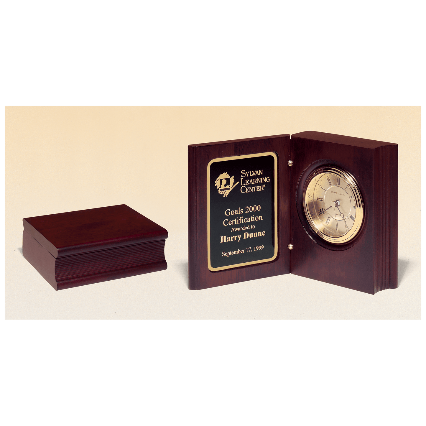 5 3/8" x 4 1/4" Hand Rubbed Mahogany Finish Book Clock w/Gold Spun Dial, 3 Hand Movement, Plate