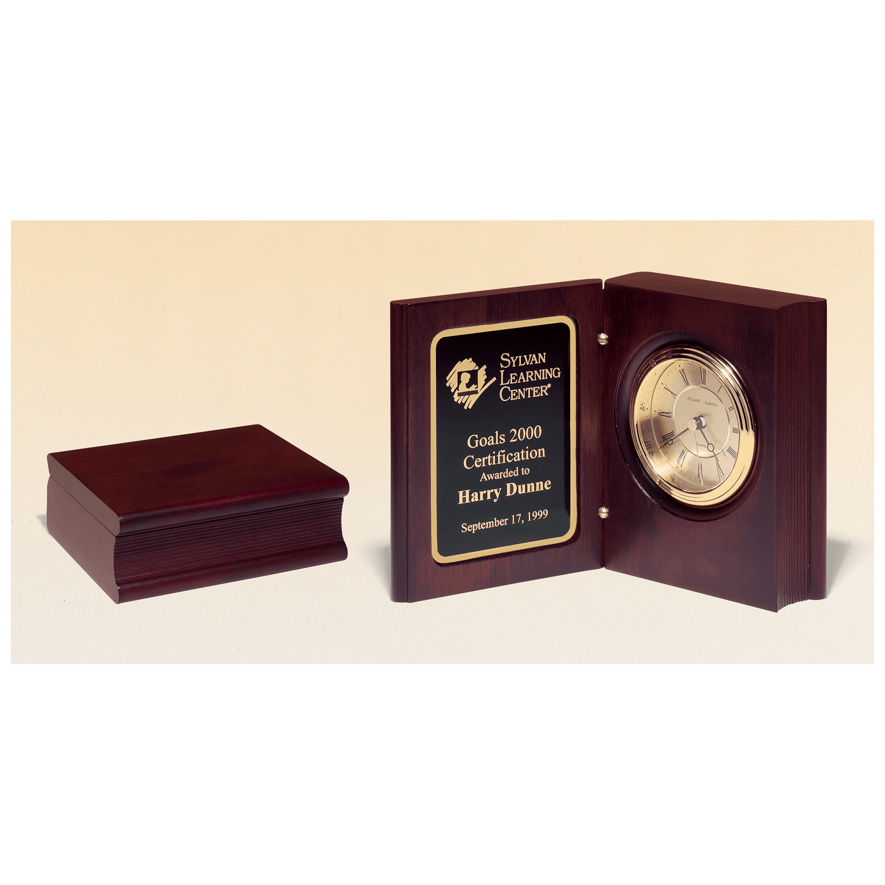 5 3/8" x 4 1/4" Hand Rubbed Mahogany Finish Book Clock w/Gold Spun Dial, 3 Hand Movement, Plate