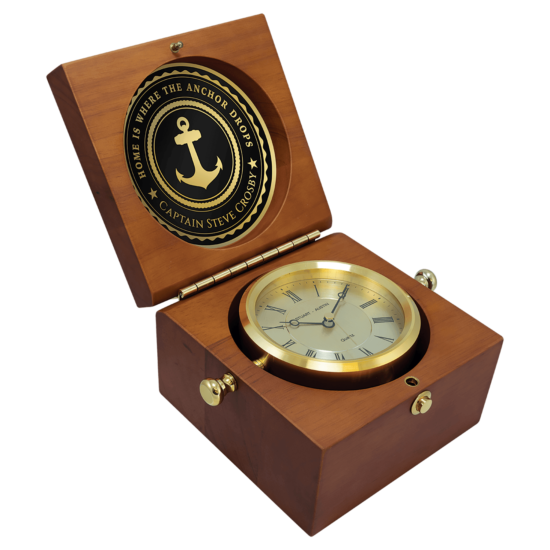 5 1/2" x 5 1/2" Mahogany Finish Captain's Clock, Brass Clock Housing, 4 1/4" Diameter Brass Disc/Plate