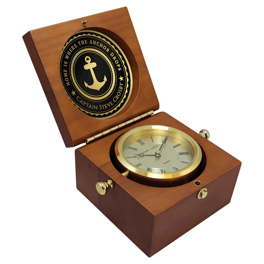 5 1/2" x 5 1/2" Mahogany Finish Captain's Clock, Brass Clock Housing, 4 1/4" Diameter Brass Disc/Plate