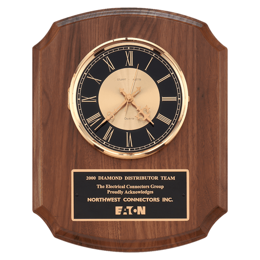 10 1/2" x 13" Walnut Quartz Clock, Brass Diamond Spun Bezel, Glass Lens, Black & Gold Dial