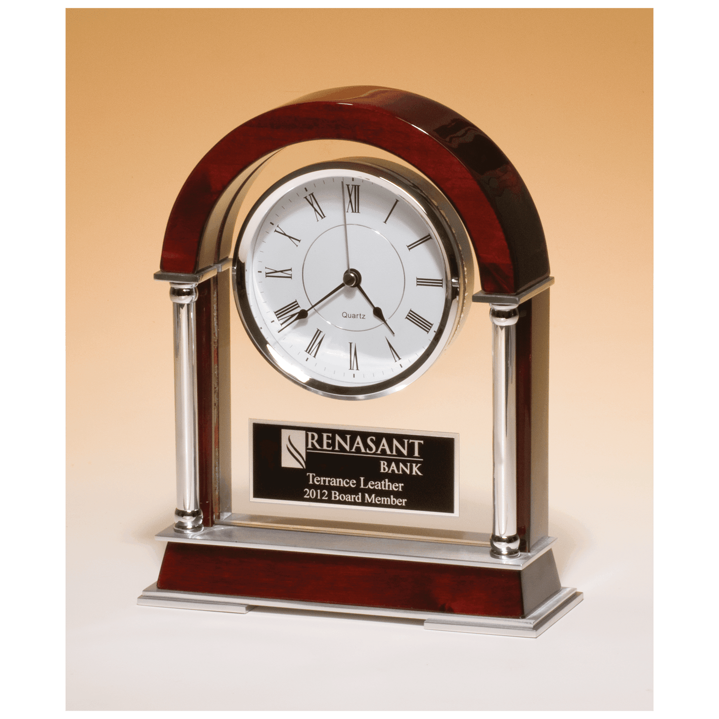 8 1/2" x 10 1/2" Rosewood Piano Finish Mantle Clock, Chrome Plated Posts, Silver Accents with Black Plate