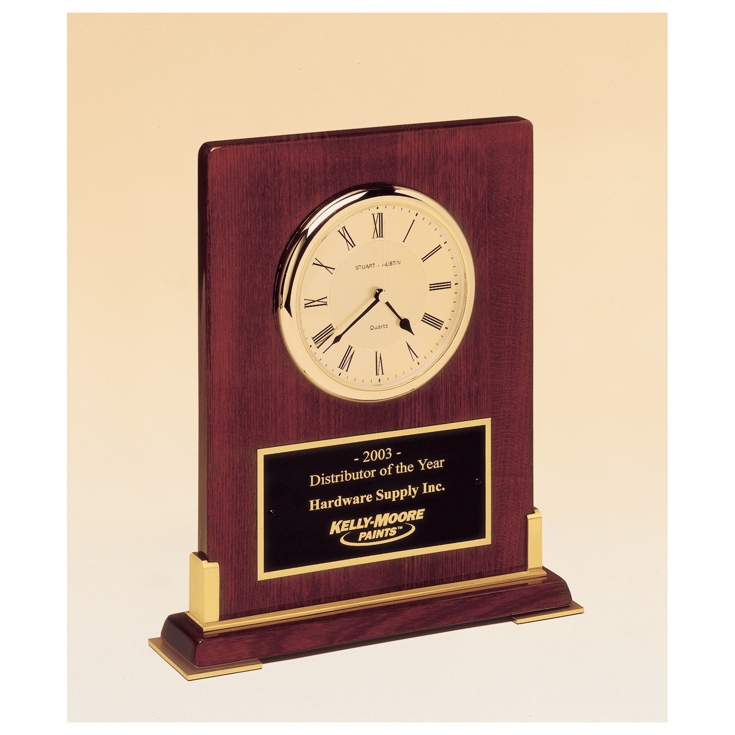 8 3/8" x 10" Desktop Clock, Rosewood Piano Finish Wood with Gold Metal Accents with Black Plate