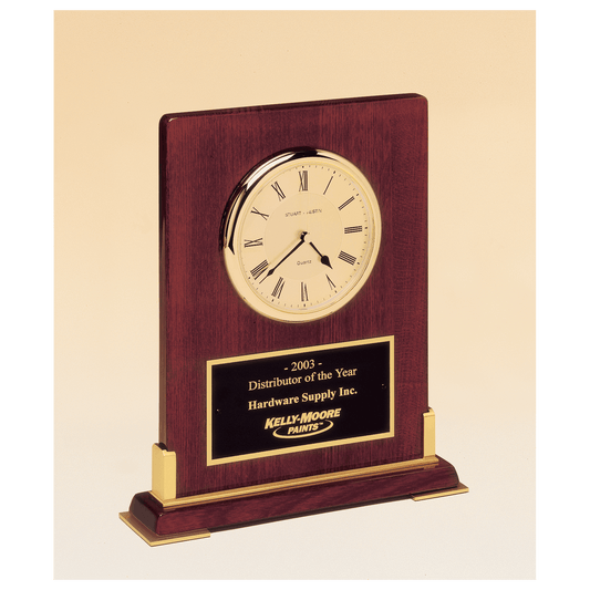 8 3/8" x 10" Desktop Clock, Rosewood Piano Finish Wood with Gold Metal Accents with Black Plate