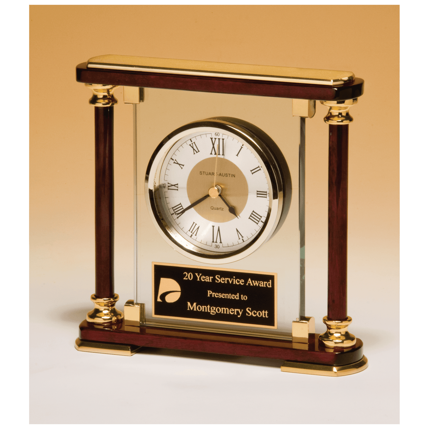 7" x 7" Glass and Rosewood Piano Finish Clock with  Gold Metal Accents and Black Plate