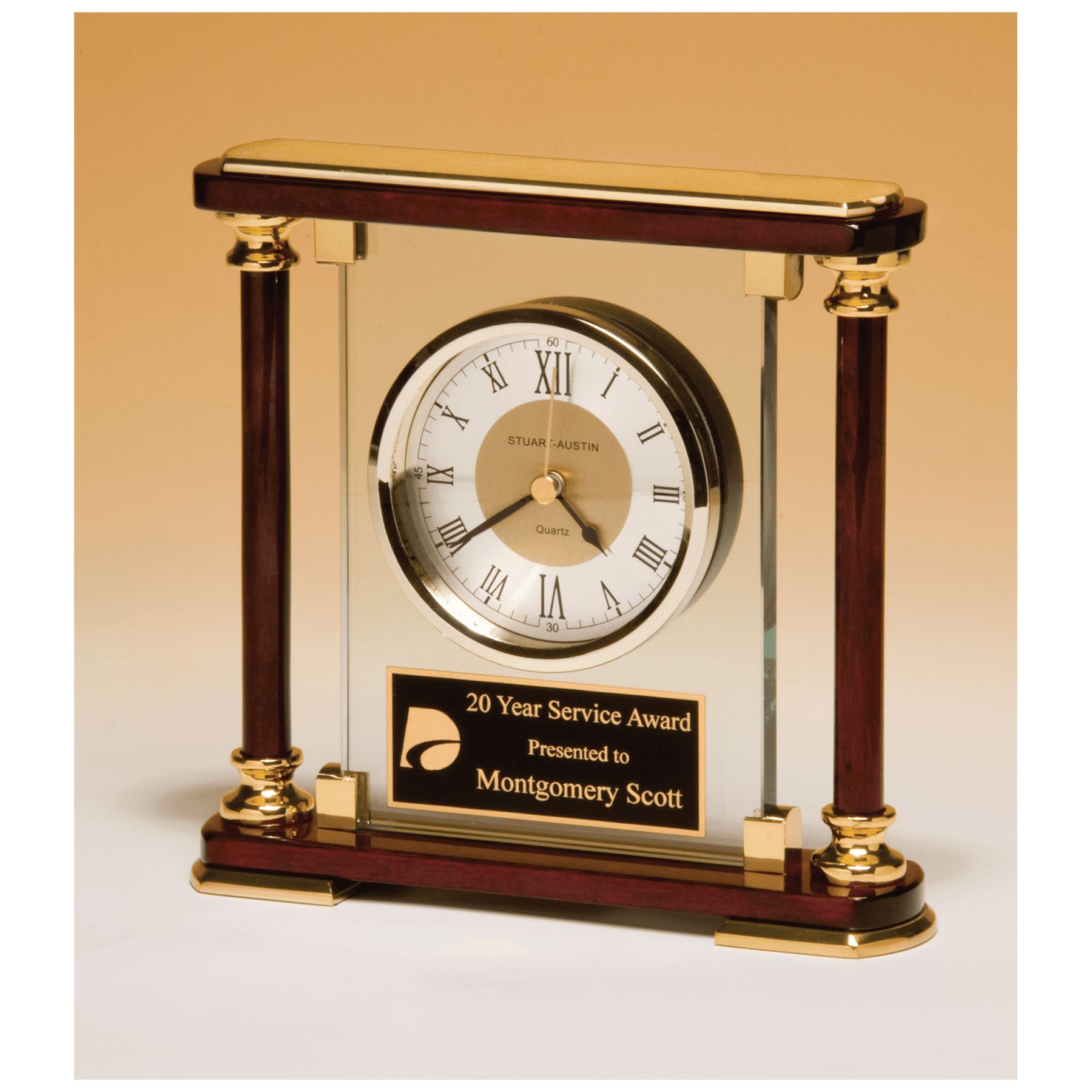 7" x 7" Glass and Rosewood Piano Finish Clock with  Gold Metal Accents and Black Plate
