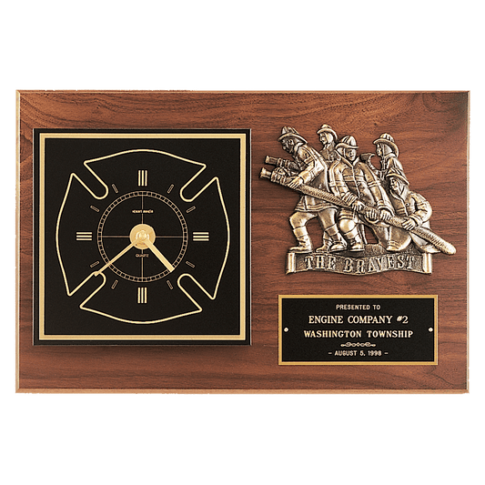 12" x 18" Walnut Plaque w/Gold Maltese Cross Clock/Firefighter Relief/Black and Brass Plate