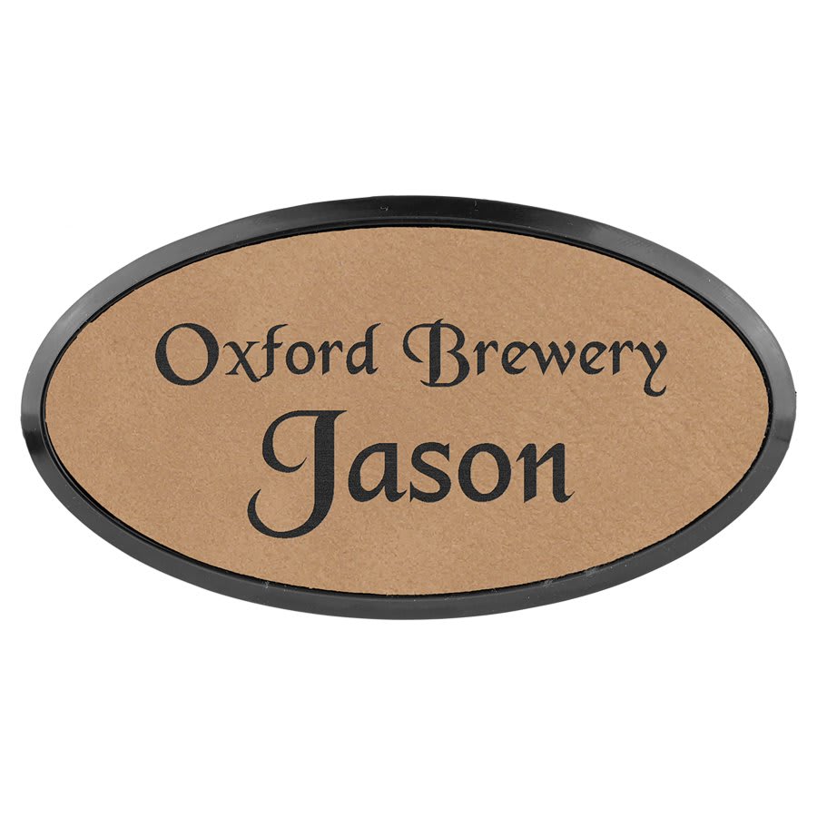 Light Brown 3" x 1 1/2" Laserable Leatherette Oval Badge & Frame