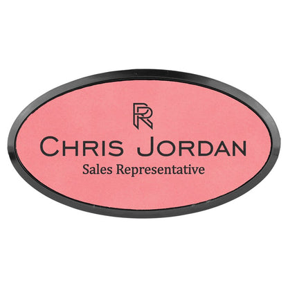 Pink 3" x 1 1/2" Laserable Leatherette Oval Badge & Frame
