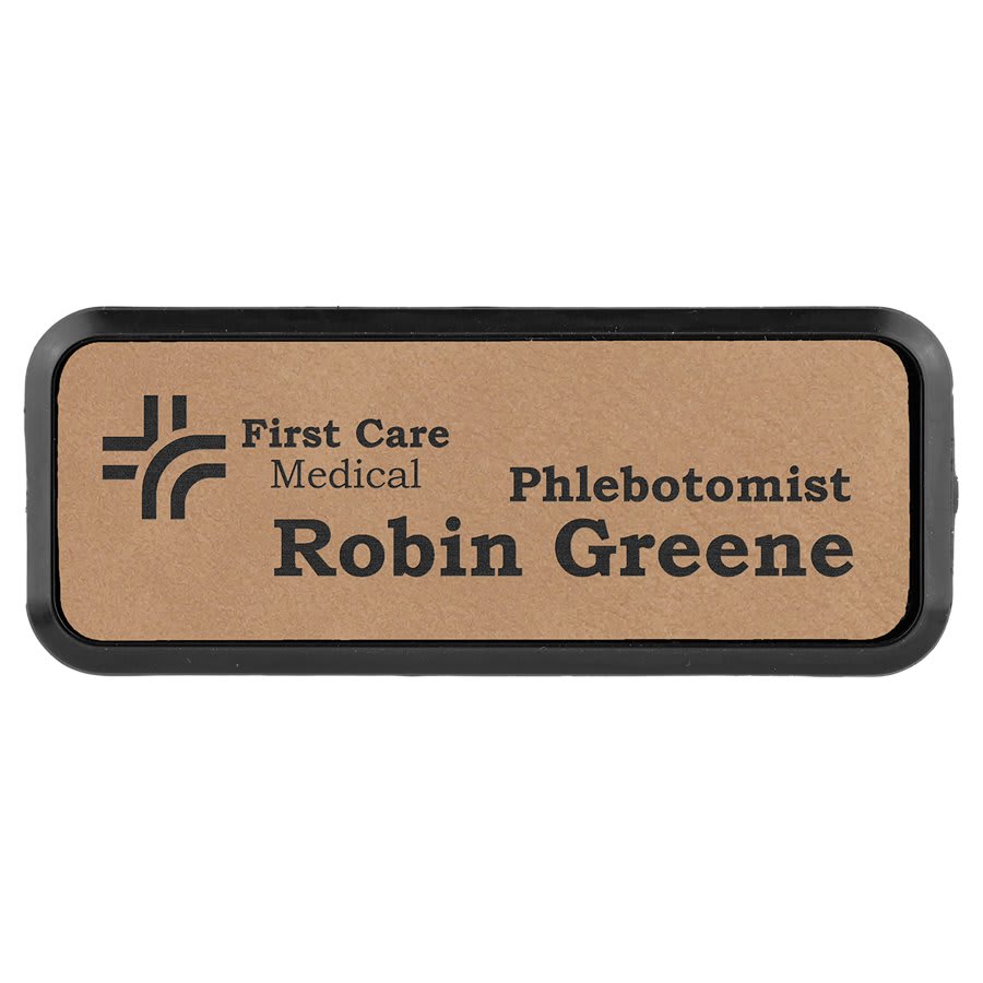 Light Brown 3" x 1" Laserable Leatherette Round Corner Badge & Frame