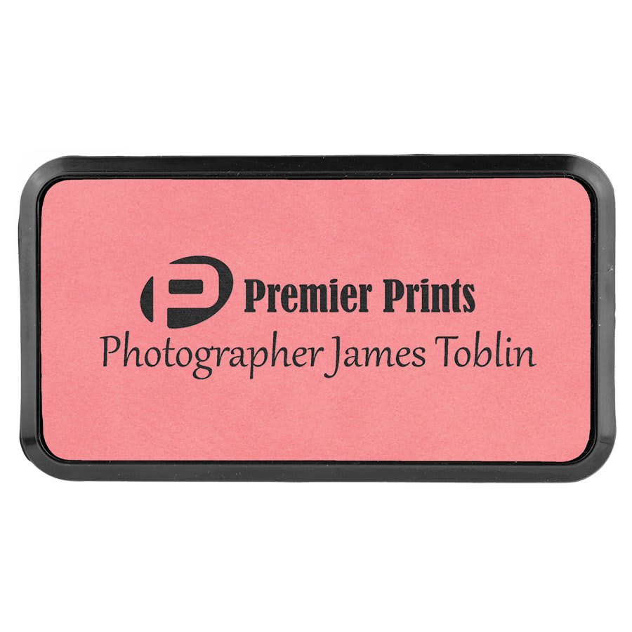 Pink 3" x 1 1/2" Laserable Leatherette Round Corner Badge & Frame