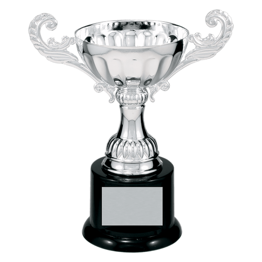 Silver 6 1/2" Completed Metal Cup Trophy on Plastic Base