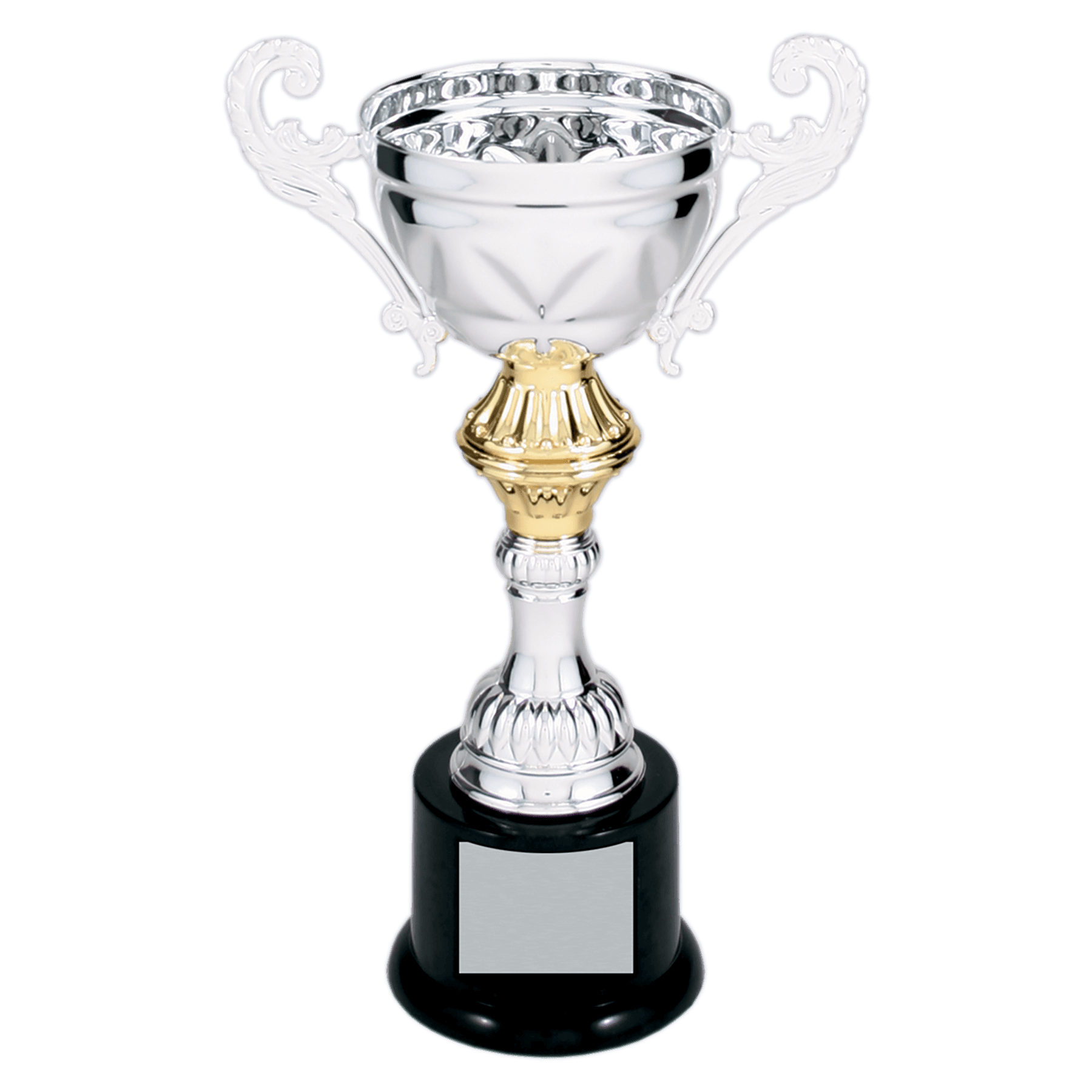 Silver 8 3/4" Completed Metal Cup Trophy on Plastic Base
