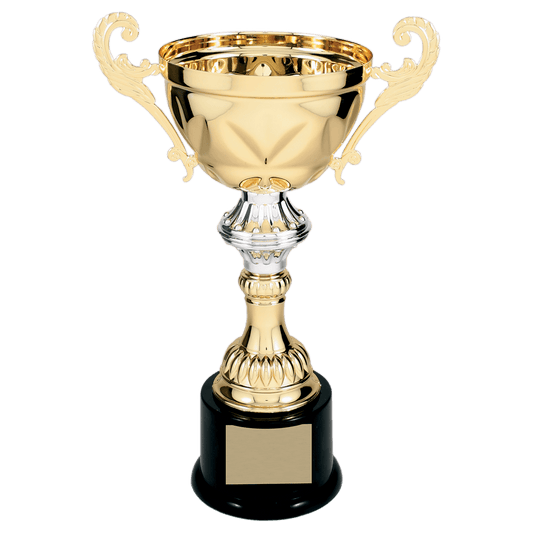 Gold 11 1/2" Completed Metal Cup Trophy on Plastic Base