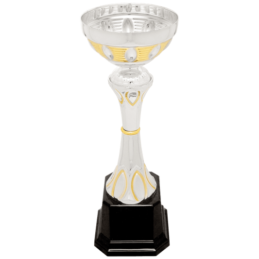Silver/Gold 9 3/4" Completed Metal Cup Trophy on Plastic Base