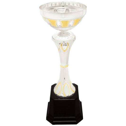 Silver/Gold 2 10 3/4" Completed Metal Cup Trophy on Plastic Base