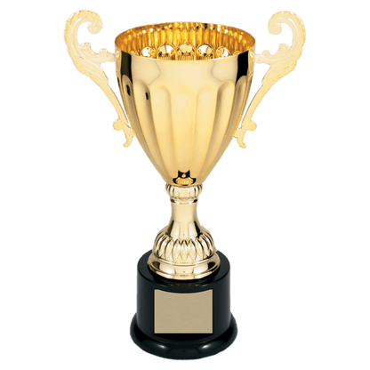 Gold 9 3/4" Completed Metal Cup Trophy on Plastic Base