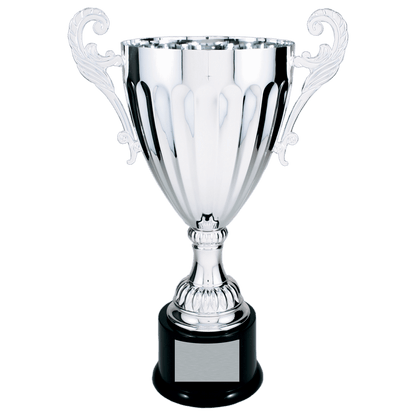 Silver 2 14 1/2" Completed Metal Cup Trophy on Plastic Base