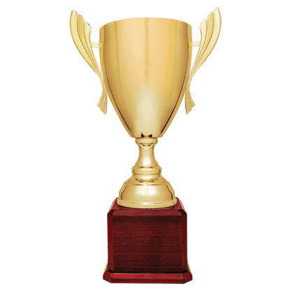Gold Completed Metal Cup Trophy on Rosewood Royal 2 22" Piano Finish Base