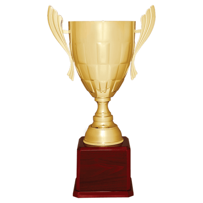 Gold Completed Metal Cup Trophy on Rosewood Royal 26 1/2" Piano Finish Base