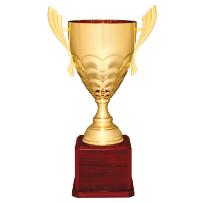 Gold Completed Metal Cup Trophy on Rosewood Royal 21" Piano Finish Base