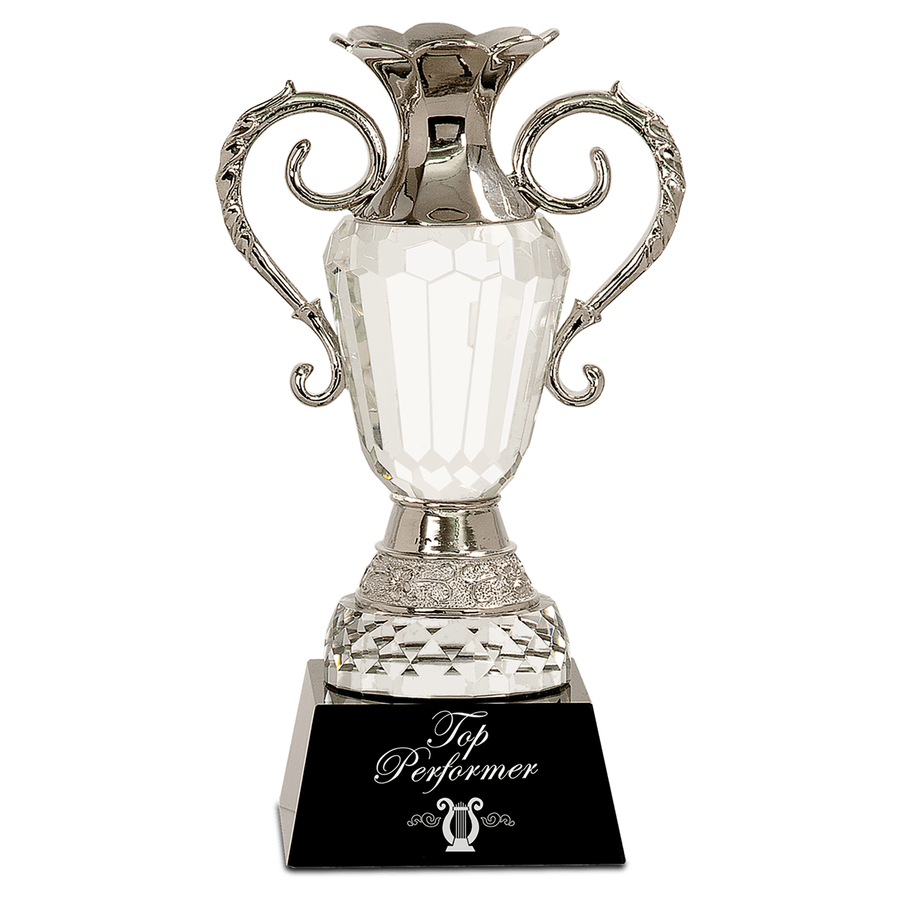 10" Crystal Cup with Silver Metal Handles on Black Pedestal Base