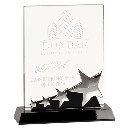 7" Rectangle Crystal with Silver Stars on Black Pedestal Base