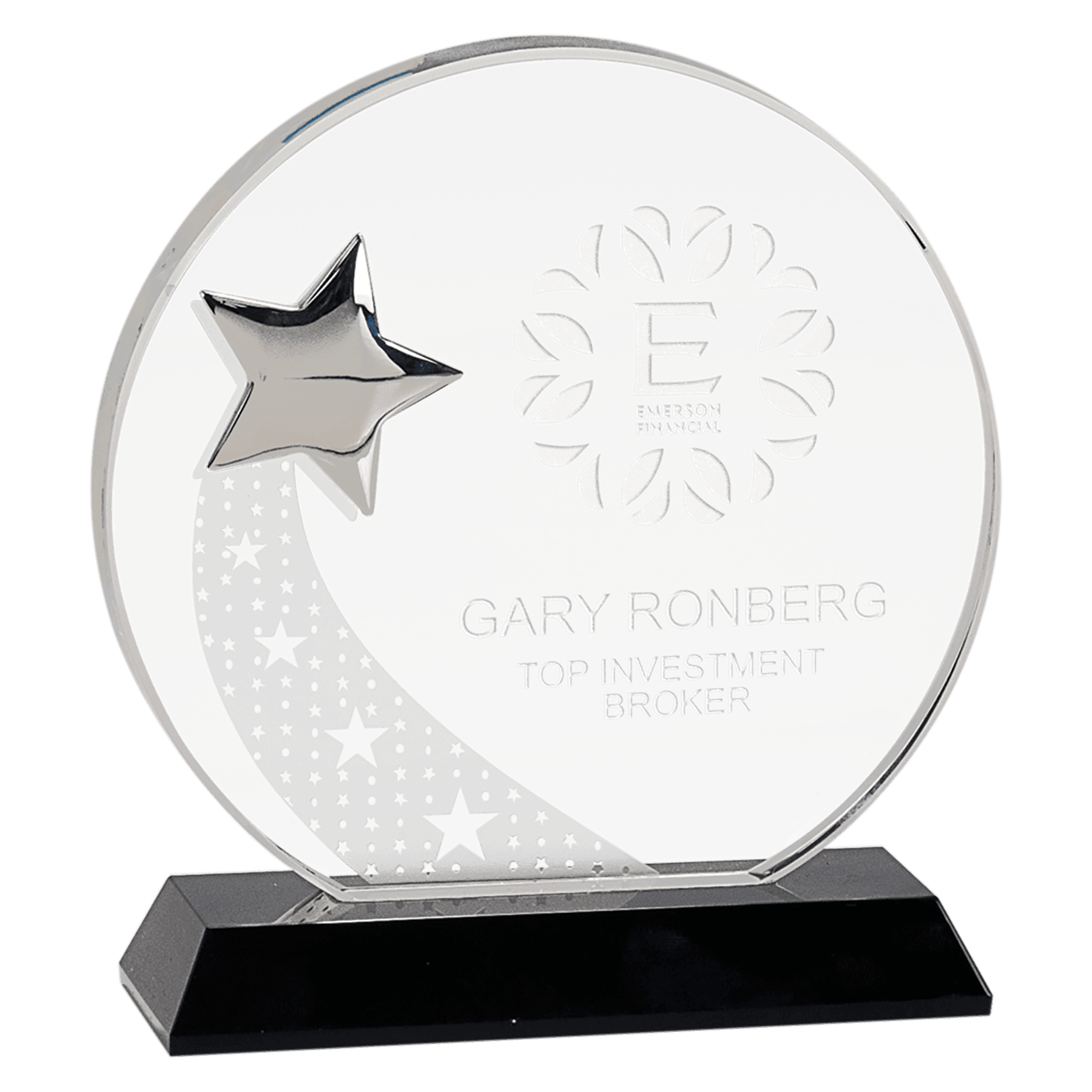 6 1/4" Round Crystal with Silver Star on Black Pedestal Base