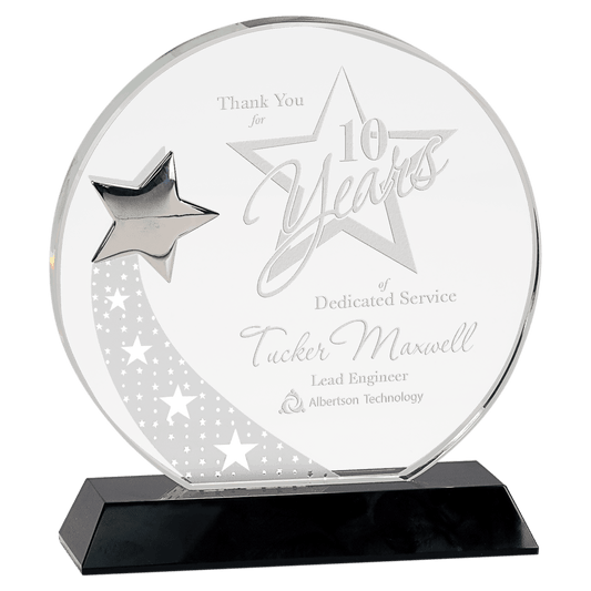 7 1/4" Round Crystal with Silver Star on Black Pedestal Base