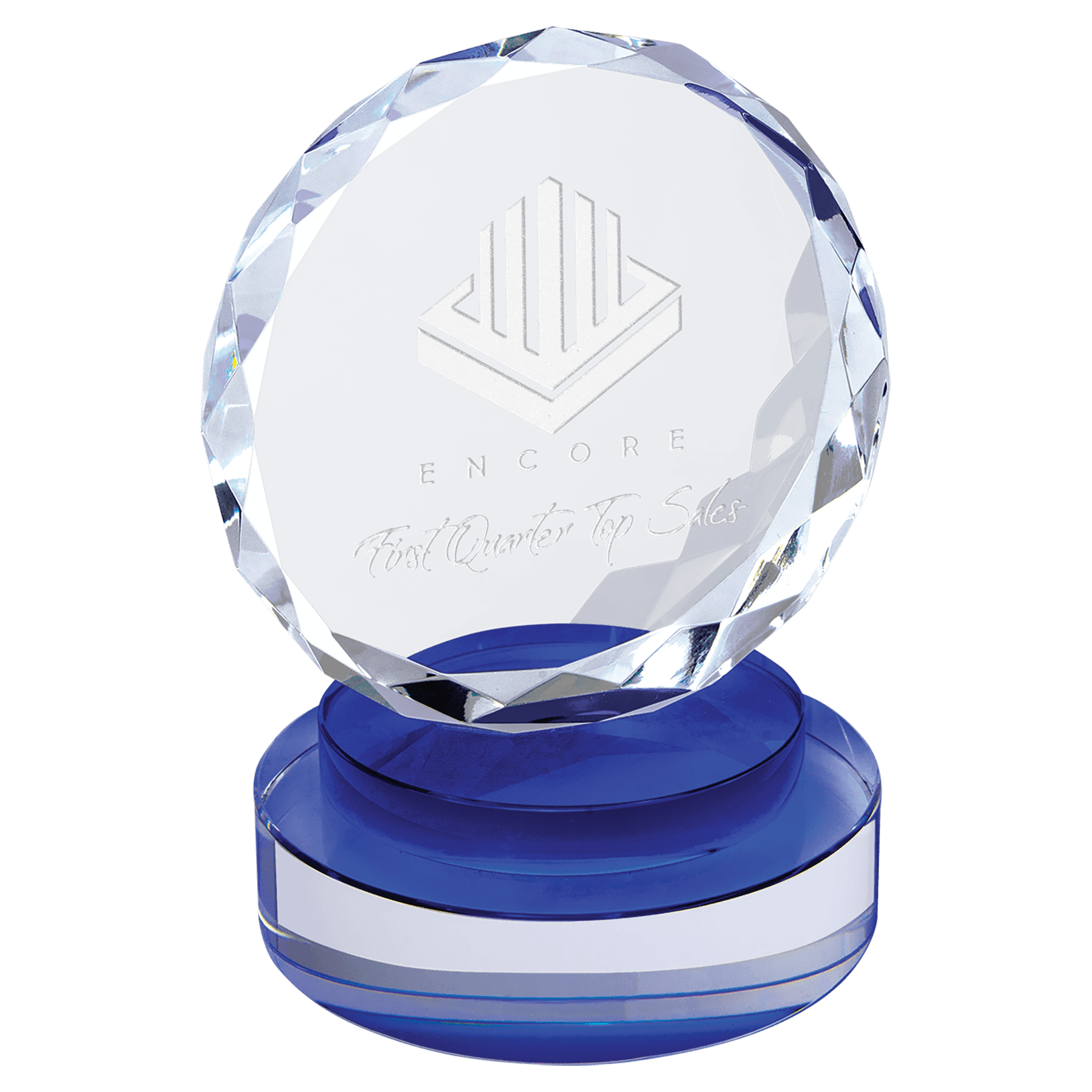 Blue & Clear 5" Round Facet Crystal on Round Base