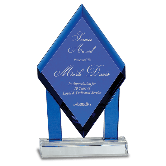 8 3/4" Blue Crystal Floating Diamond with Blue Columns on Clear Base