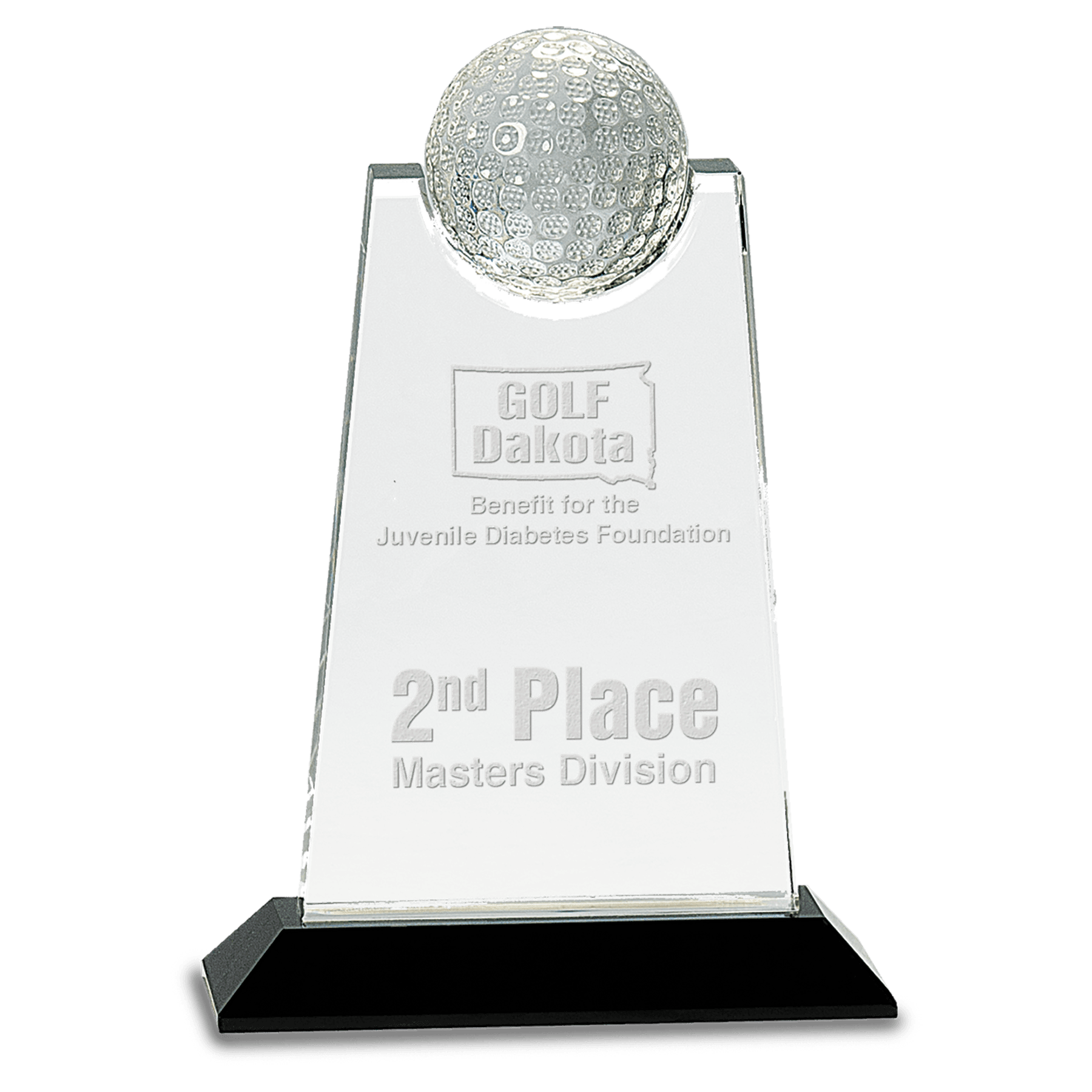 9" Clear Crystal Tablet with Inset Golf Ball on Black Pedestal Base