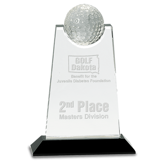 9" Clear Crystal Tablet with Inset Golf Ball on Black Pedestal Base