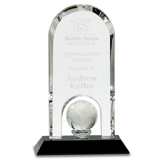 8 3/4" Clear Crystal Dome with Inset Globe on Black Pedestal Base