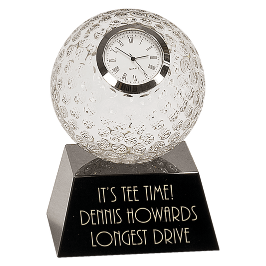 5" Clear Crystal Golf Ball Clock with Black Pedestal Base