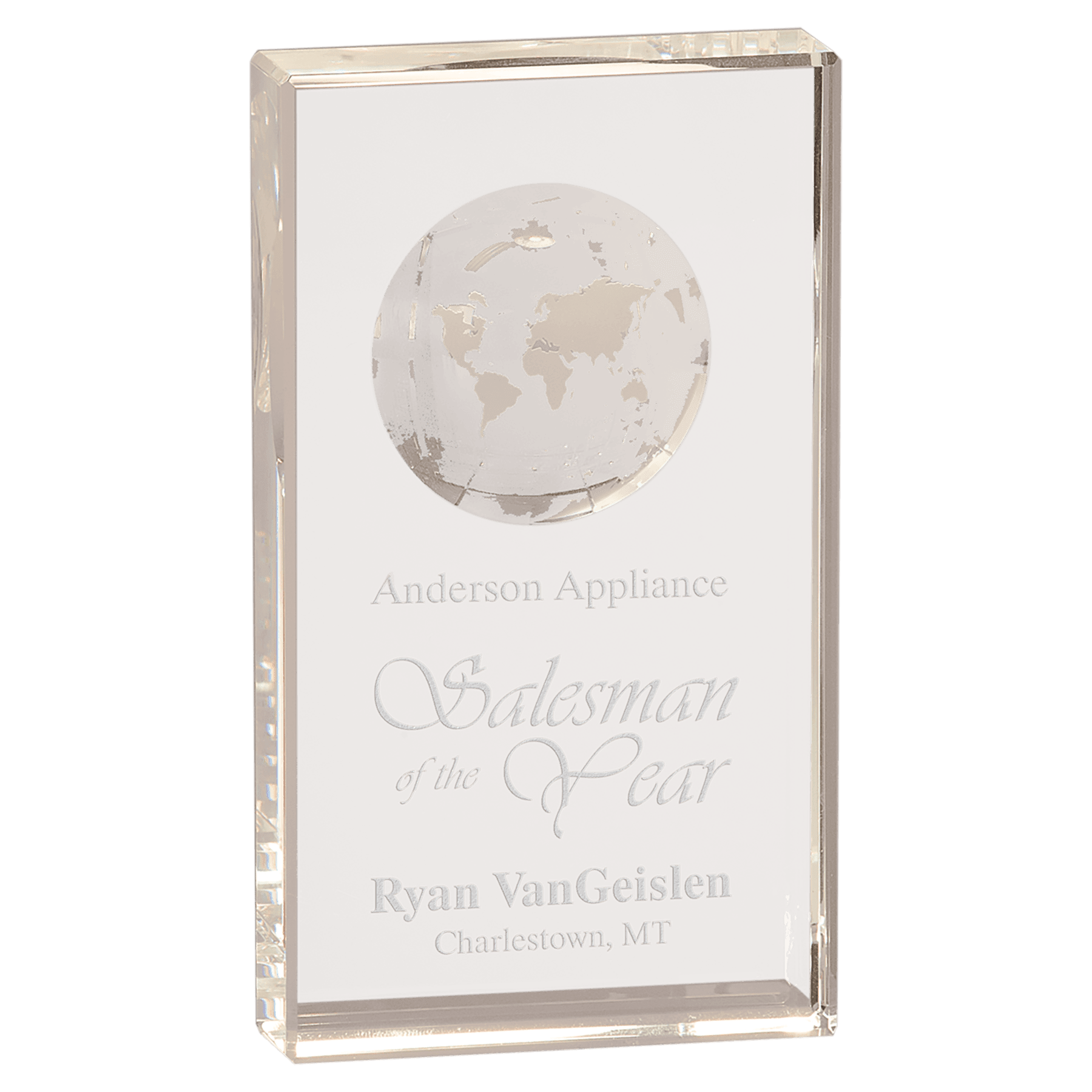 7" Clear Crystal Rectangle with Globe Etching