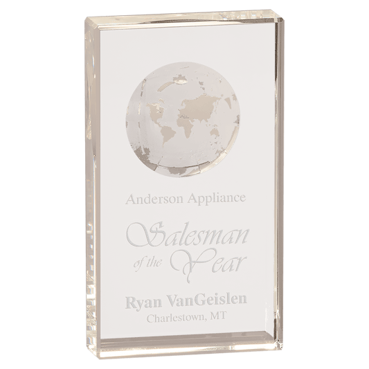 7" Clear Crystal Rectangle with Globe Etching