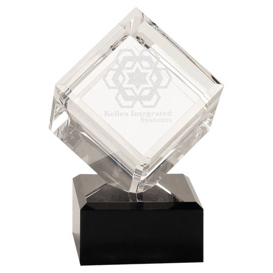 6" Clear Crystal Cube on Black Pedestal Base