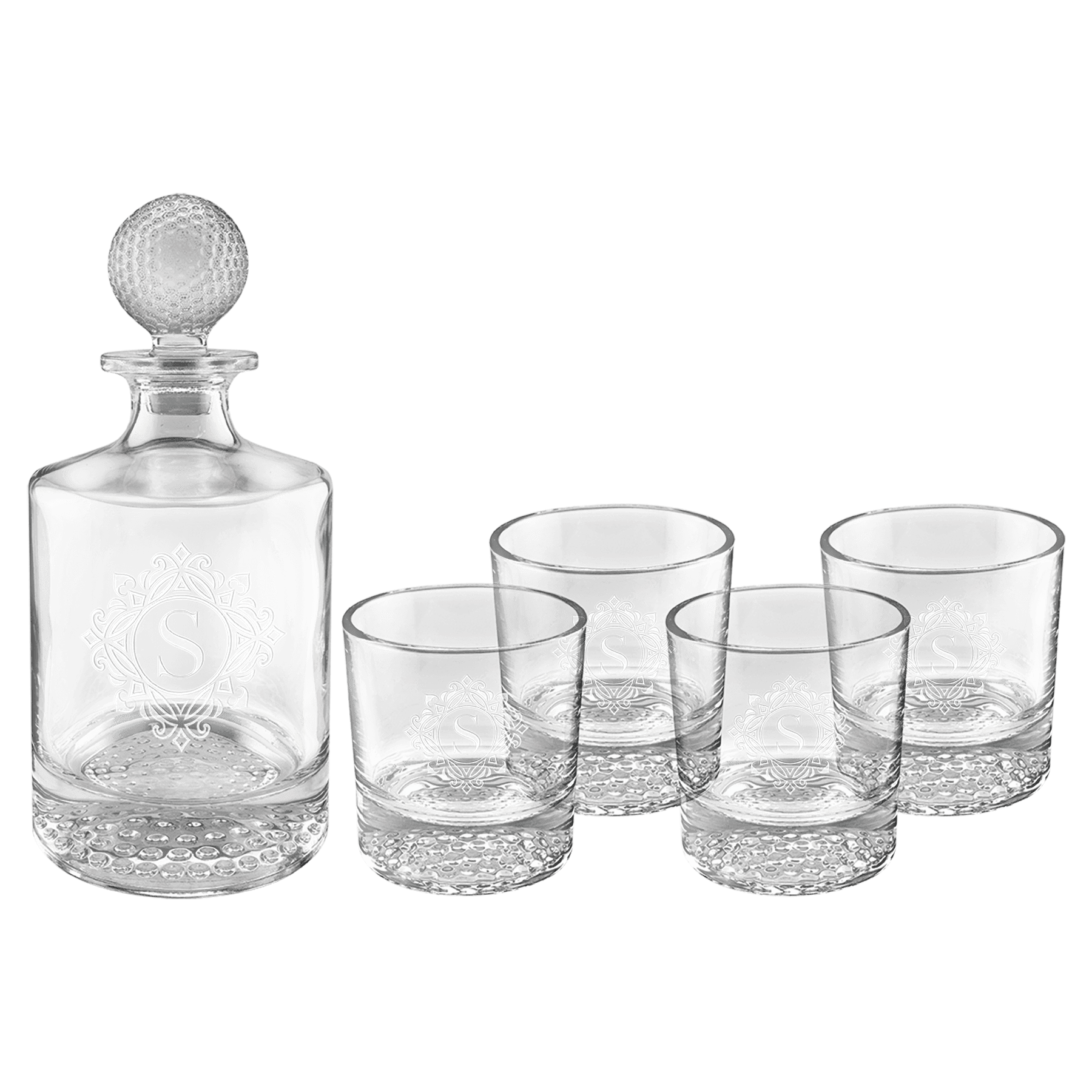 Polar Camel 850mL Round Golf Glass Decanter Set with Four 9 oz. Golf Rocks Glasses in Black Gift Box with Printed Paper Sleeve