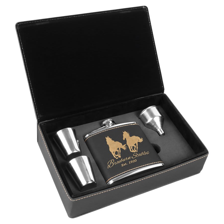 Black/Gold 6 oz. Laserable Leatherette Flask Gift Set