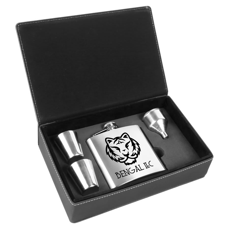 Stainless Steel Black Silver 6 oz. Laserable Leatherette Box