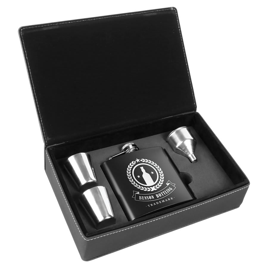Black Stainless Steel Black Silver 6 oz. Laserable Leatherette Box